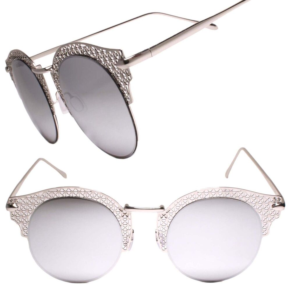 Modern Upscale Foxy Chrome Mirrored Round Lens Sunglasses Silver Laser Cut Frame